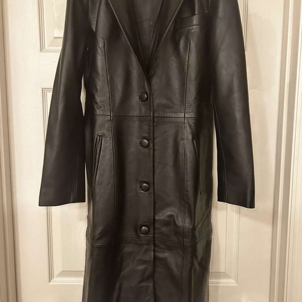 NEW Black Genuine Leather Tailored Womens Single Breasted Coat Size Small